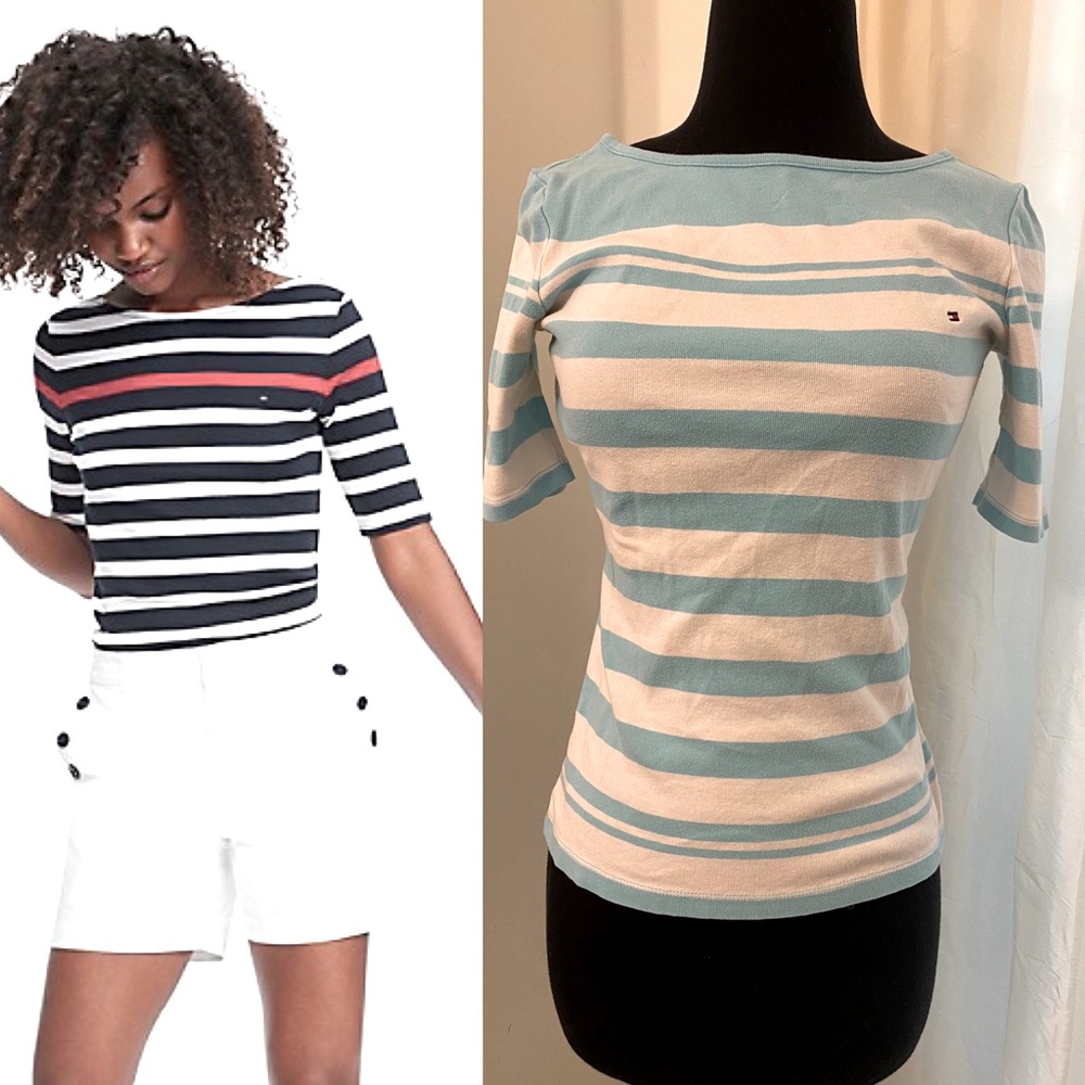 Tommy Hilfiger Essential Favorite Boatneck T-Shirt in Aqua/White Stripe - S